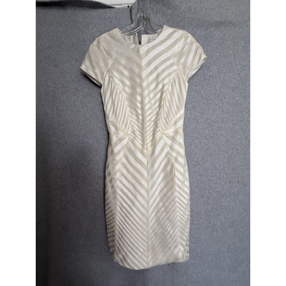 J. Mendel Dress‎ Womens 2 White Striped Silk Satin Sheath Cap Sleeve Cocktail